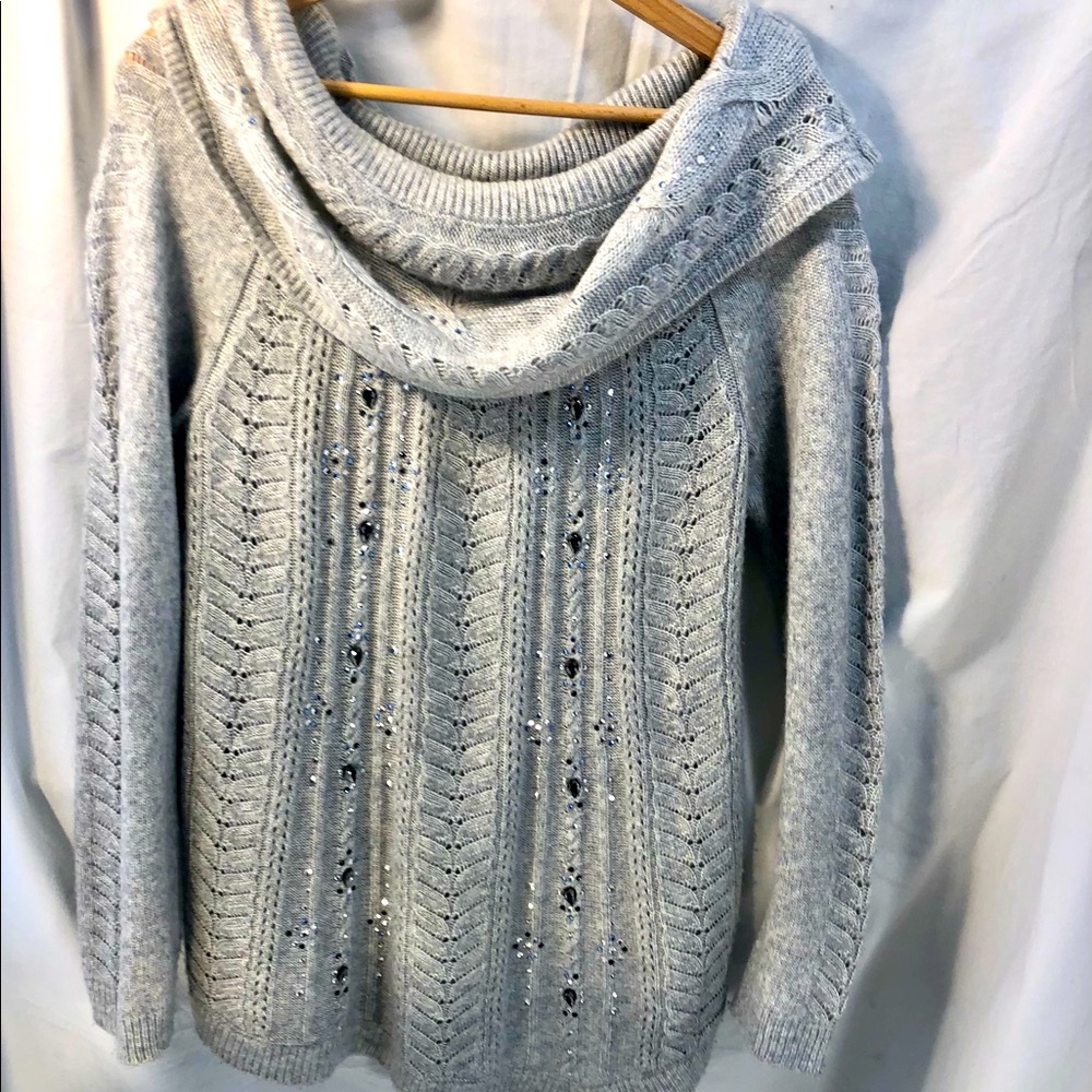 white house black market cowl neck sweater Sz Med. Gray with rhinestones